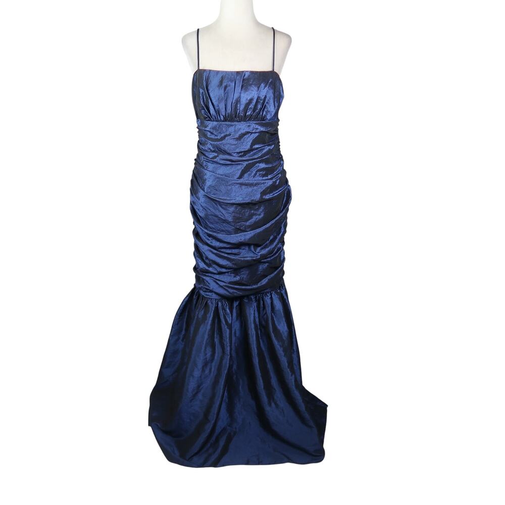 Vintage 90s Fiesta Navy Blue Taffeta Ruched Mermaid Formal Prom Dress